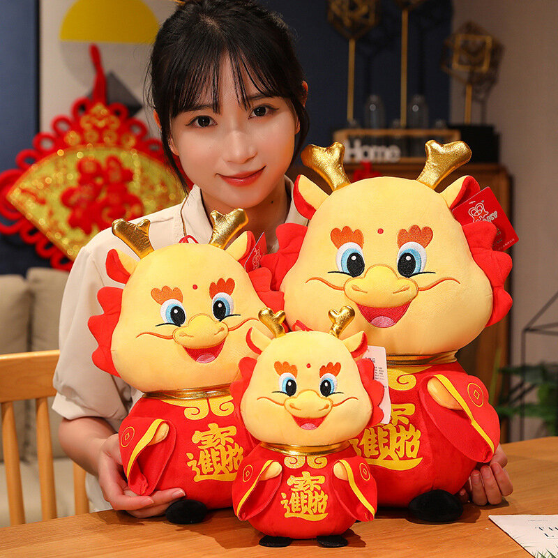 Boneka maskot mewah Naga zodiak lucu, mainan boneka hewan lembut mewah untuk dekorasi Tahun Baru Tiongkok 2024 1 buah
