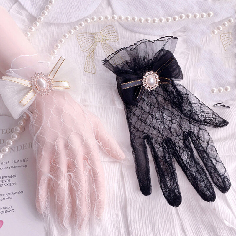 Кружевные жемчужные Короткие Свадебные перчатки тонкие свадебные перчатки с бантом аксессуары для свадебного платья женские перчатки для представлений на день рождения и Косплея