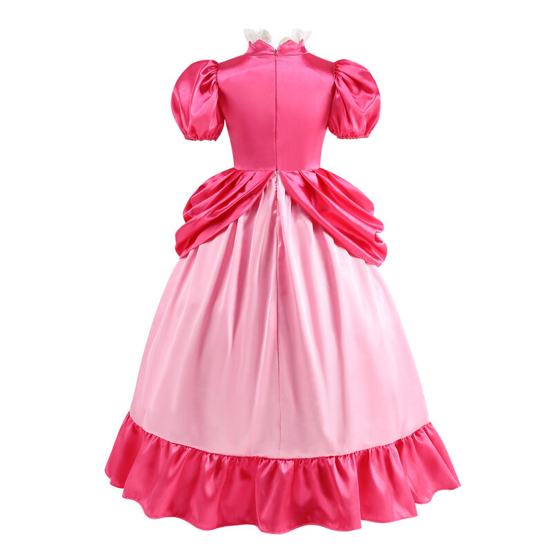 Gaun putri merah muda Persik untuk anak perempuan, kostum Halloween Puff jaring Tulle, pakaian pesta renda kostum Cosplay anak perempuan