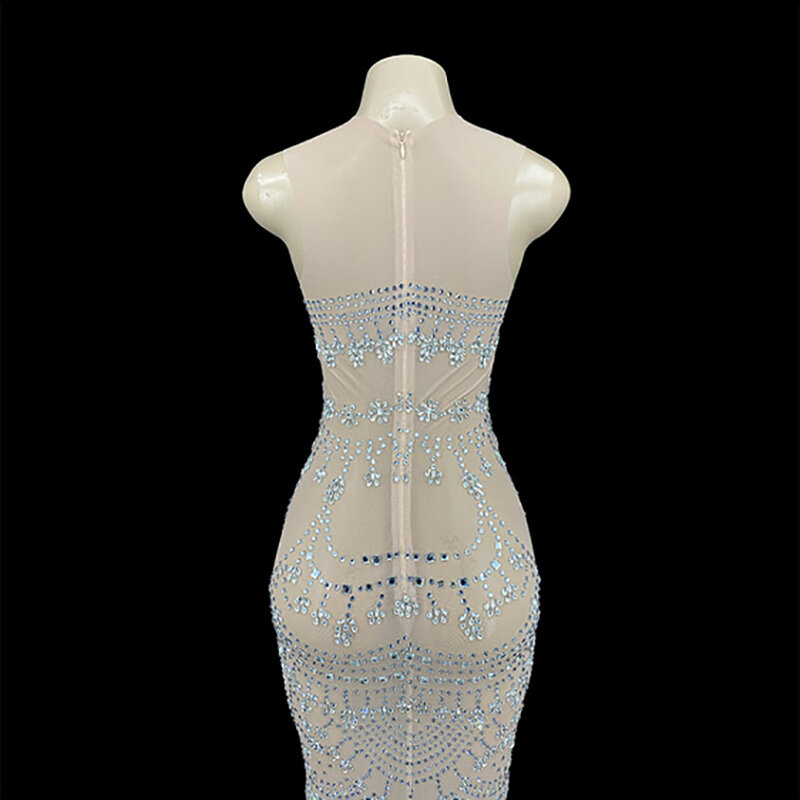 Maßge schneiderte neue sexy Spitze transparente Diamant Perle Pailletten Feder Wasser Diamant Wrap Hüfte Kleid langes Kleid Performance-Kleid