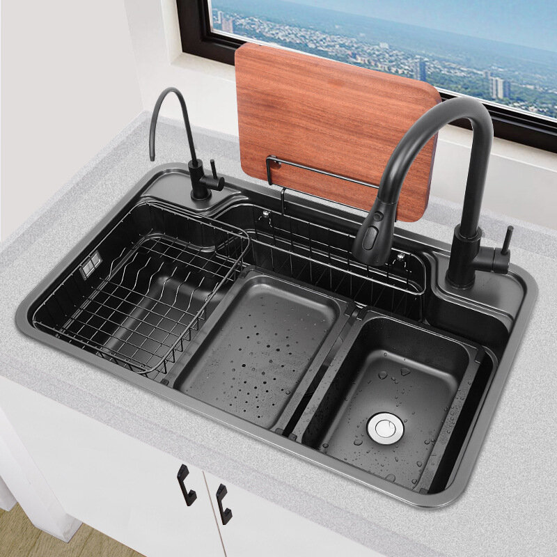 304 Stainless Steel Kitchen Sink with Storage Basket Multi-Function Large Single Slot Workstation Sink Basin Kitchen Accessories