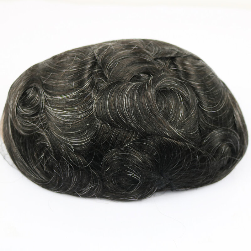 Swiss Lace Toupee para homens, peruca, linha fina invisível, cinza e preto, base do plutônio, unidade do sistema de substituição do cabelo, Q6