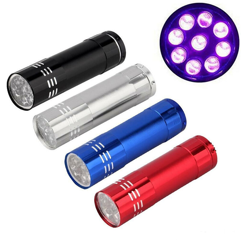Mini linterna UV de 9 LED, potente linterna portátil para acampar, Flash de lámpara de luz Ultra alto brillo, herramientas de manicura de secado rápido UV395