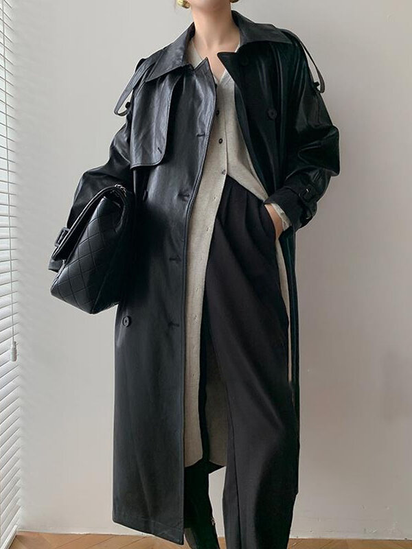 ฤดูใบไม้ร่วงหนังสังเคราะห์ยาวเสื้อฝนสีดำคู่ MODE Korea Moto แจ็คเก็ต Streetwear Lady Outerwear Coats