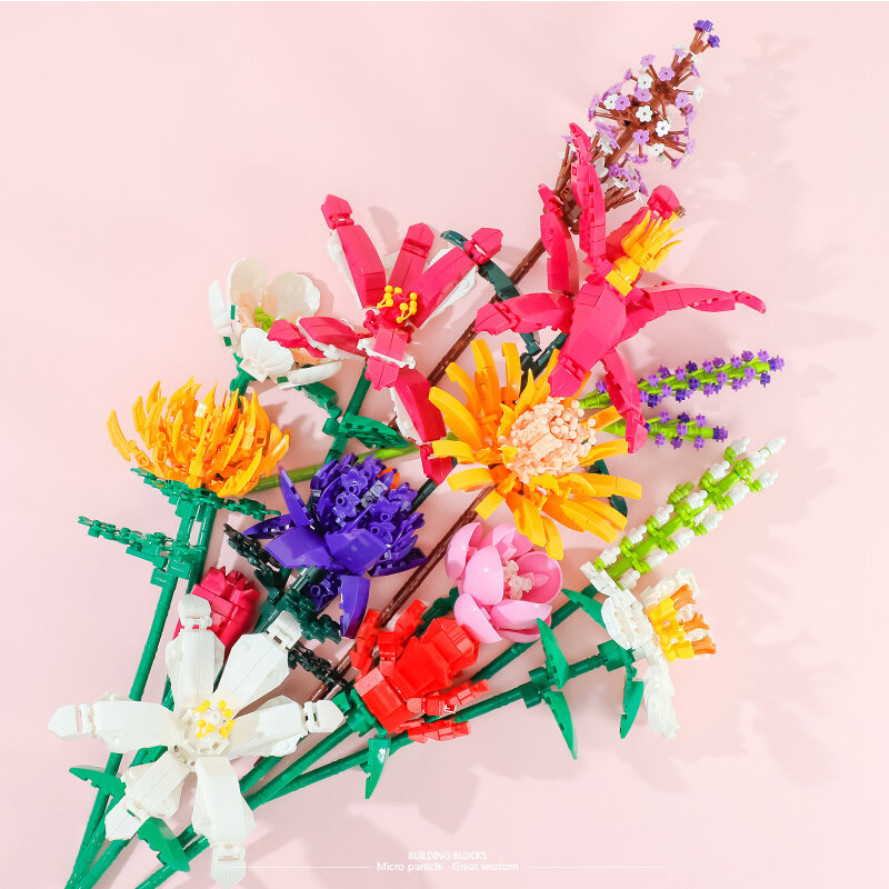 DIY buket blok bangunan mainan rumah dekorasi tanaman bunga perakitan bata gadis mainan anak hadiah