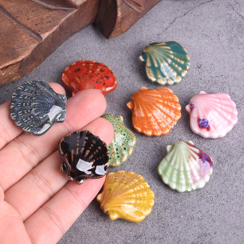 5pcs Scallop Shape 30x28mm Glossy Fancy Flamed Glazed Ceramic Porcelain Loose Beads For Jewelry Making DIY Findings