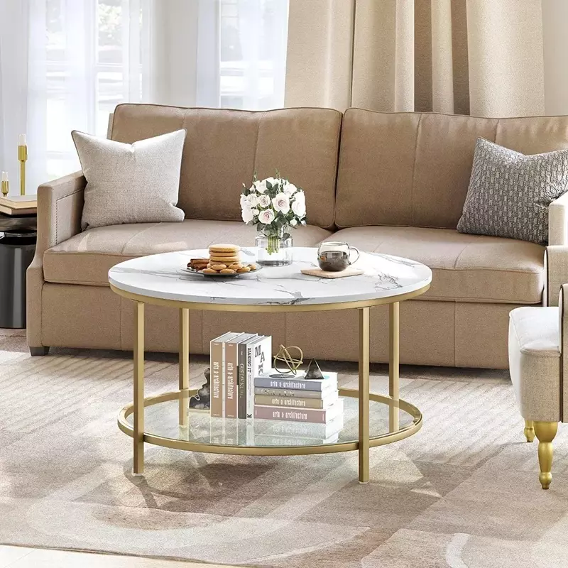 2-stufiger runder Couch tisch Marmor-Cocktail tisch in der Mitte mit offenem Glas regal, Weiß & Gold