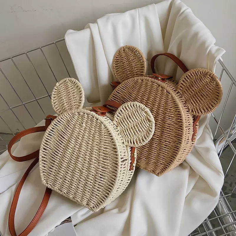 Соломенная красивая сумка Disney с Микки Маусом, милая мультяшная женская сумка из ротанга для путешествий, отдыха, маленькая круглая пляжная сумка, 2023