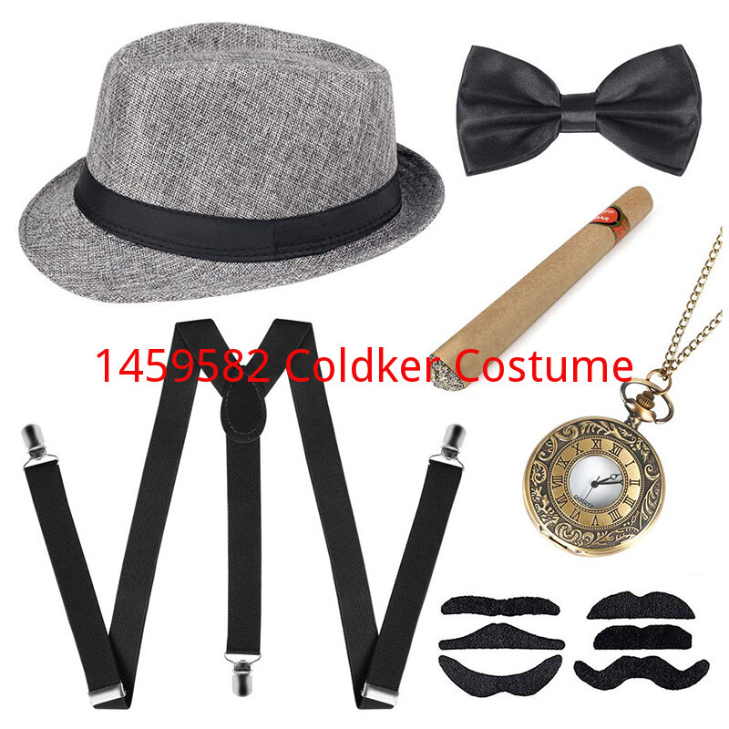 1920s Herren große Gatsby Zubehör Set 6 Stück schwarz weiß grau blau brüllende 20s 30s Retro Gangster Kostüm Krawatte Hut