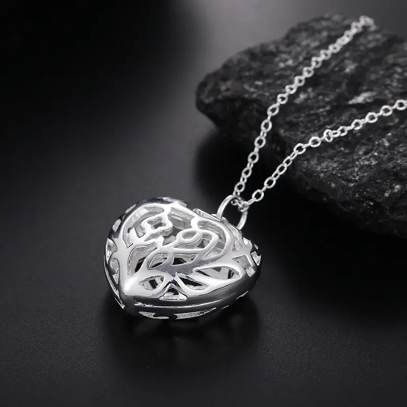 Lihong 925 Sterling Silver Heart Shape Mesh Pendant Necklace Women Men Fashion Wedding Engagement Jewelry Gift
