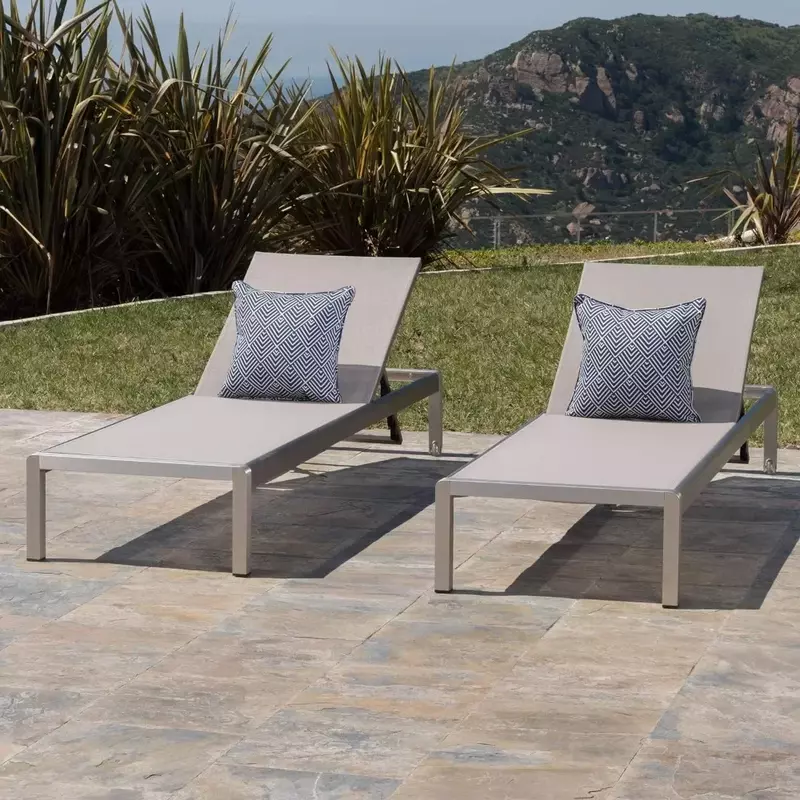 Set of 2 Recliner Outdoor Aluminum Chaise Lounge Relaxing Chair Grey Freight Free Furniture