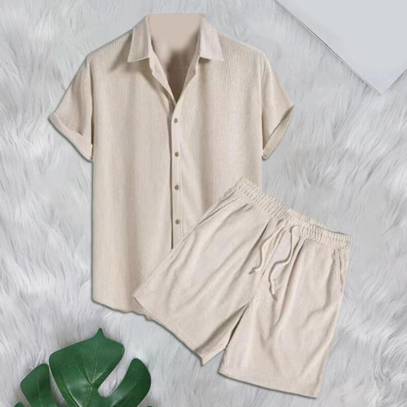 Men Short-sleeved Suit Men's Casual Lapel Shirt Elastic Waist Shorts Set with Adjustable Drawstring Solid Color for Summer