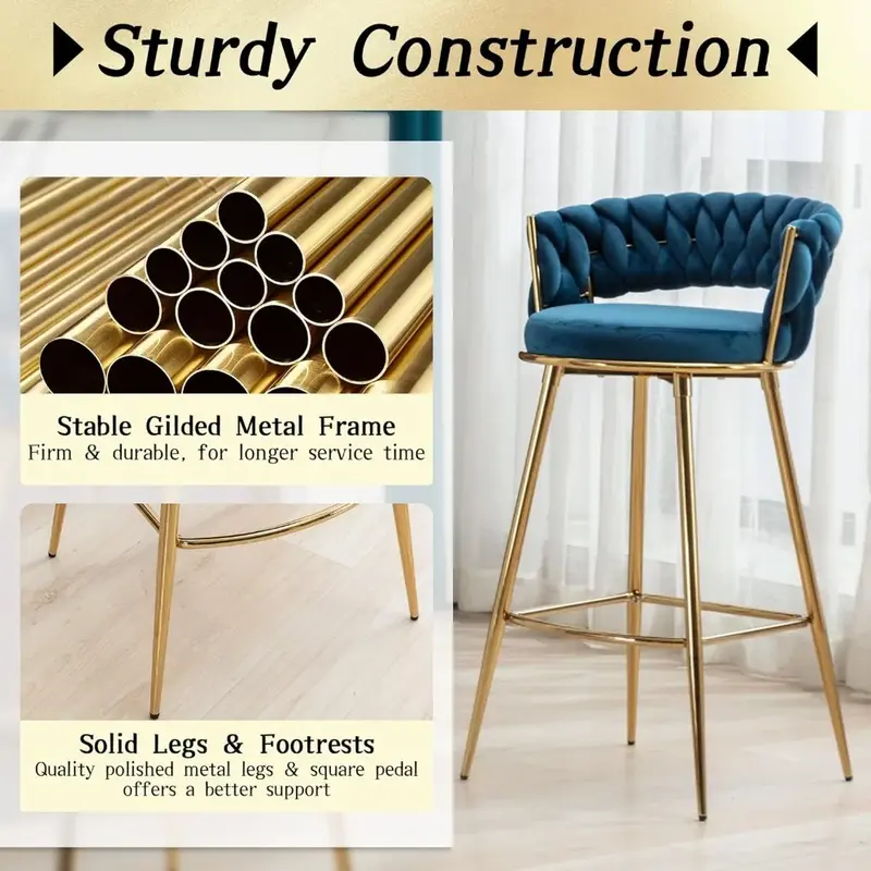 Zestaw 2 stołków barowych, wygodne siedzisko o wysokości 29 cali i solidne złote metalowe nogi, ręcznie tkany podłokietnik z oparciem, krzesło barowe
