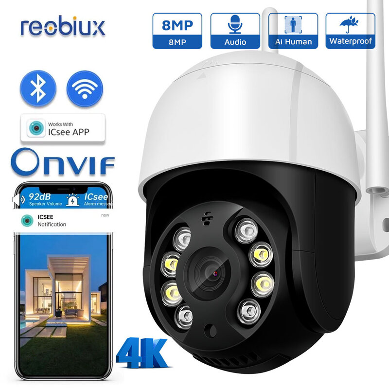 Reobiux-câmera de segurança ip ptz ao ar livre, 8mp, 4k, wi-fi, ptz, 1080p, com rastreamento automático, colorido, visão noturna, áudio sem fio, cctv