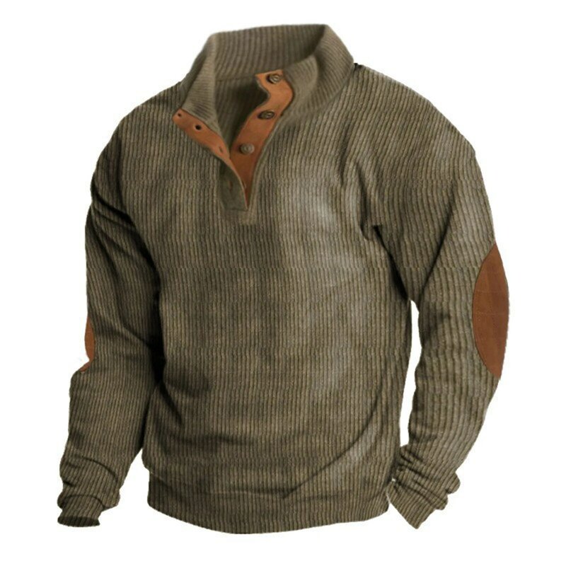 Herrenmode Kontrast farbe gerippte Pullover Tops lässig täglich tragen Knopf Stand Kragen Langarm Sweatshirt für Camping reisen