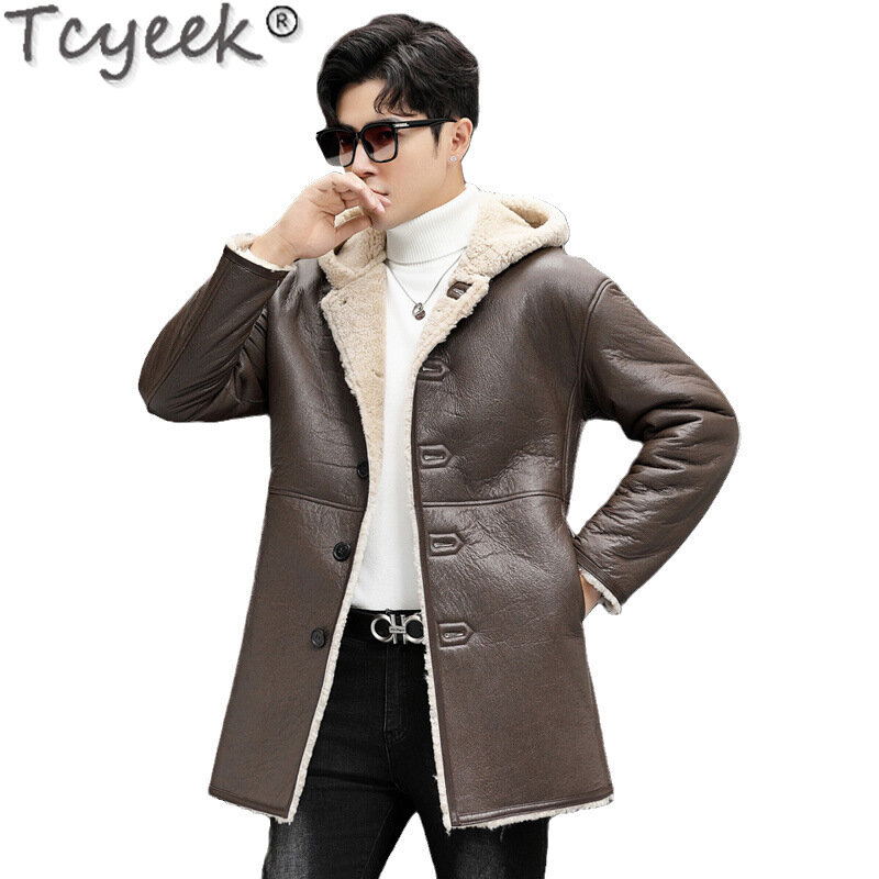 Tcyeek-chaqueta de cuero genuino de longitud media para hombre, abrigo de piel Natural con capucha, abrigos cálidos de piel de oveja Real, Chic, moda de invierno