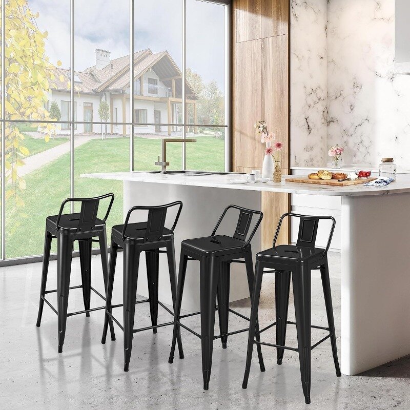 30 inch Metal Bar Stools Set of 4 Bar Height Barstools Kitchen Chair Industrial Bar Stools with Low Back for Indoor Outdoor