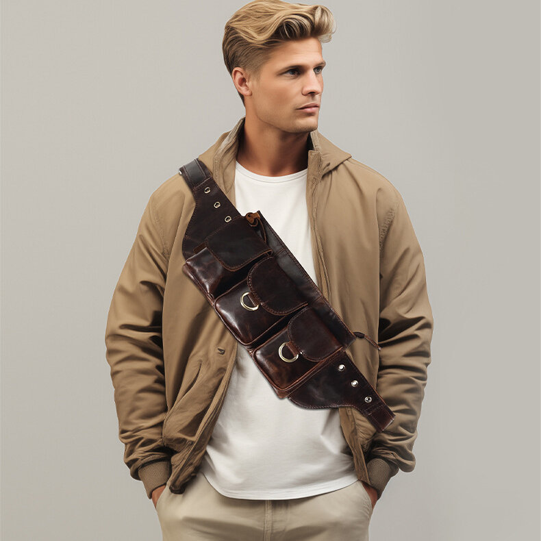 Retro męska skórzana torba na talię o dużej pojemności Crossbody torba na klatkę piersiowa motocyklowe torby na telefon ze skóry wołowej