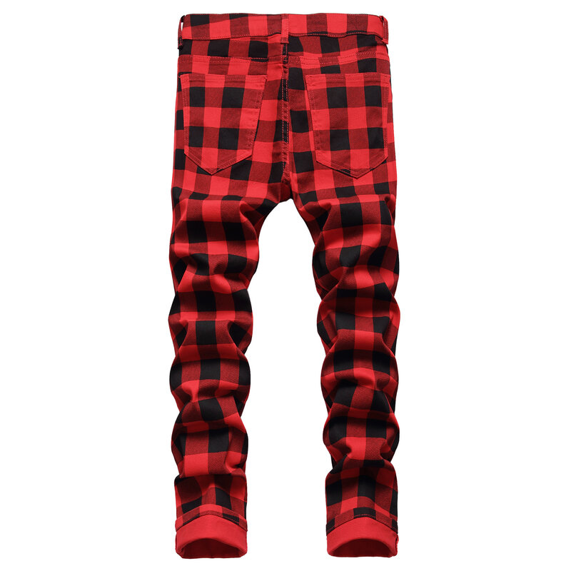Y2k Herbst neue Herren Slim Fit Plaid bedruckte Hip Hop Streetwear Harajuku rote Jeans Mode Stretch Cargo Denim Hose Ropa Hombres