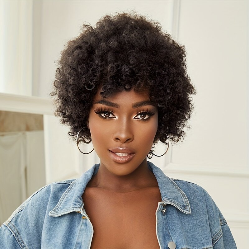 Peluca corta Afro Puff sin pegamento para mujeres negras, cabello humano brasileño, corte Bob, Color Natural, Remy, 150%