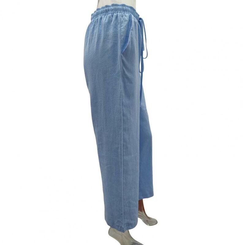 Calça feminina com cordão elástico na cintura com bolsos, calça monocromática, confortável, elegante, casual, verão