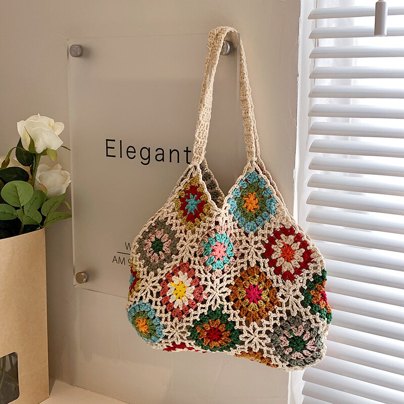 Bolsa de malha de crochê floral para mulheres, sacola de grande capacidade, artesanal na moda, bolsa boho recortada, vintage, multicolorida, bolsa oca