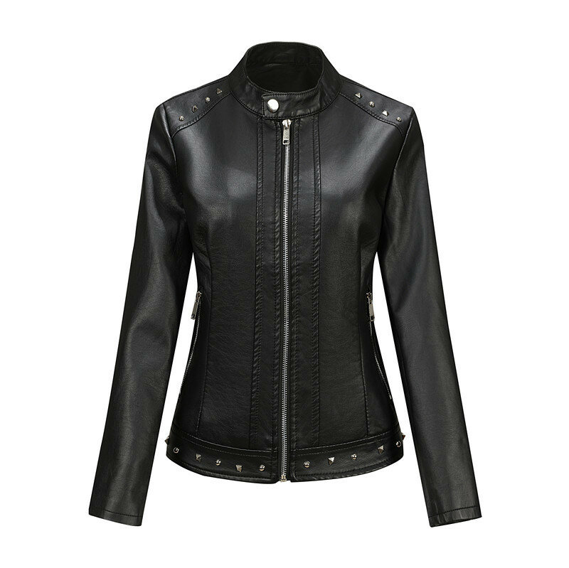 Women Pu Leather Jackets Motorcycle Rivet Streetwear Stand Collar Solid Color Zipper Casual Fit Black Biker Leather Coat Women