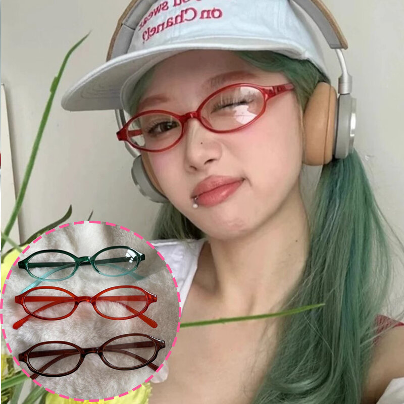 Vintage Small Oval Glasses Girls Y2K Style Red Green Frame Glass Eyewear Decorative Outdoor Fashion Anti-blue Eyeglasses Gifts
