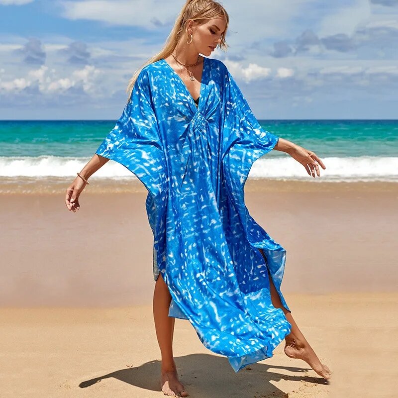 2024 Summer European American New Women Print Blouse Seaside Holiday Dress Loose Blouse Bikini Swimsuit Gown Outerwear Blue