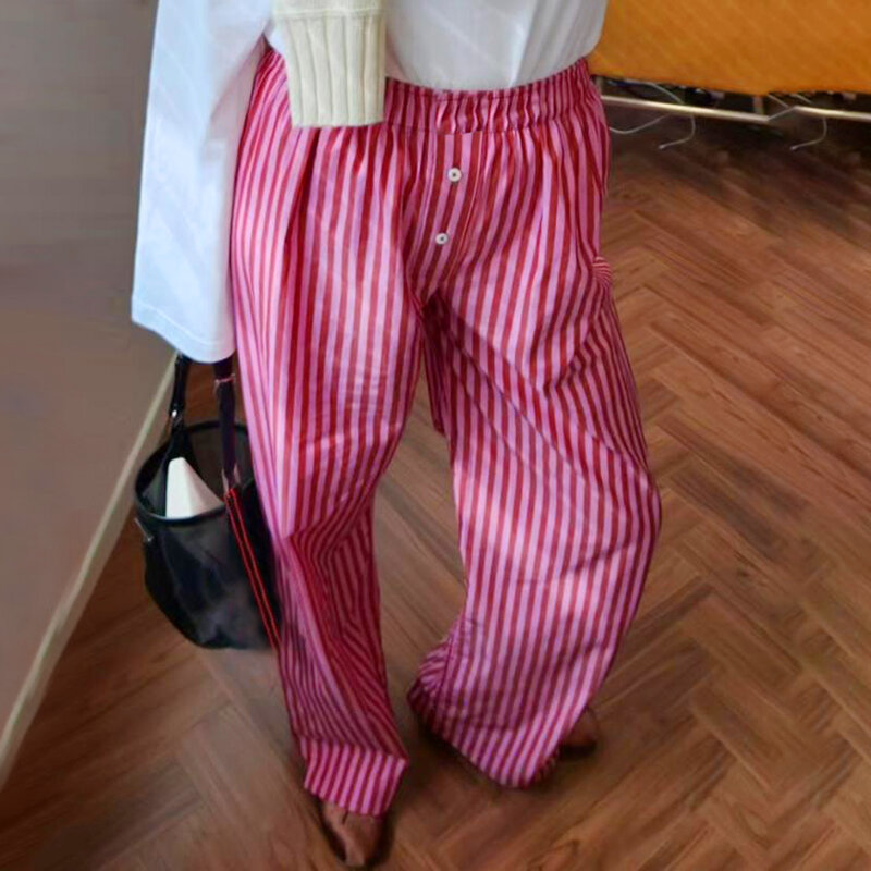 Combhasaki donna Y2K Retro Vintage Casual a righe/Solid pantaloni lunghi bottone elastico a vita alta pantaloni dritti larghi estetici