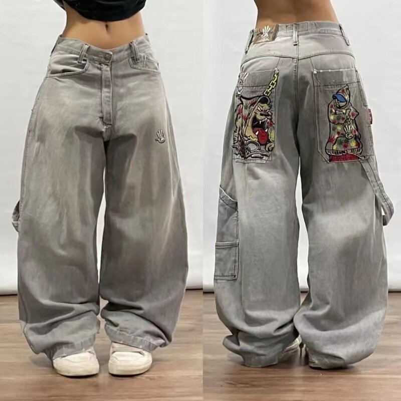 Jeans motif lucu Harajuku Eropa dan Amerika baru 2024 pria dan wanita mode jalanan longgar y2k celana panjang pel lantai kaki lebar