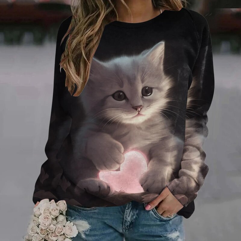 Kaus wanita kucing lucu motif 3D, atasan longgar wanita, blus harian, baju Sweater Harajuku ukuran besar, kaus lengan panjang kasual