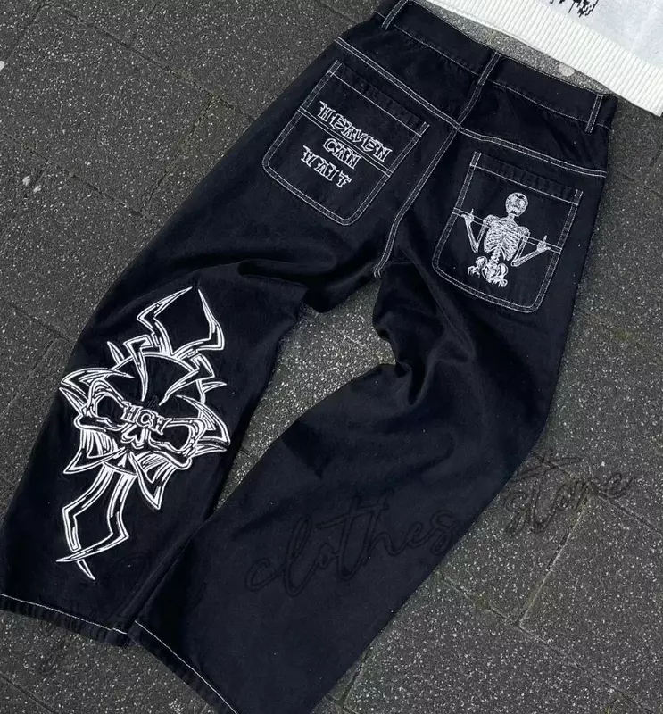Jeans bordado letra americana para mulher, Y2K, Hip Hop, gótico, punk, reto, casual, calça de perna larga, moda de rua, tendência, novo