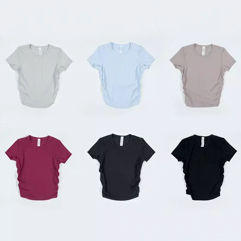 Camicia attillata a coste vita modellante Top corto camicie a maniche corte t-Shirt da palestra da donna vestiti da Yoga traspiranti con logo stampato