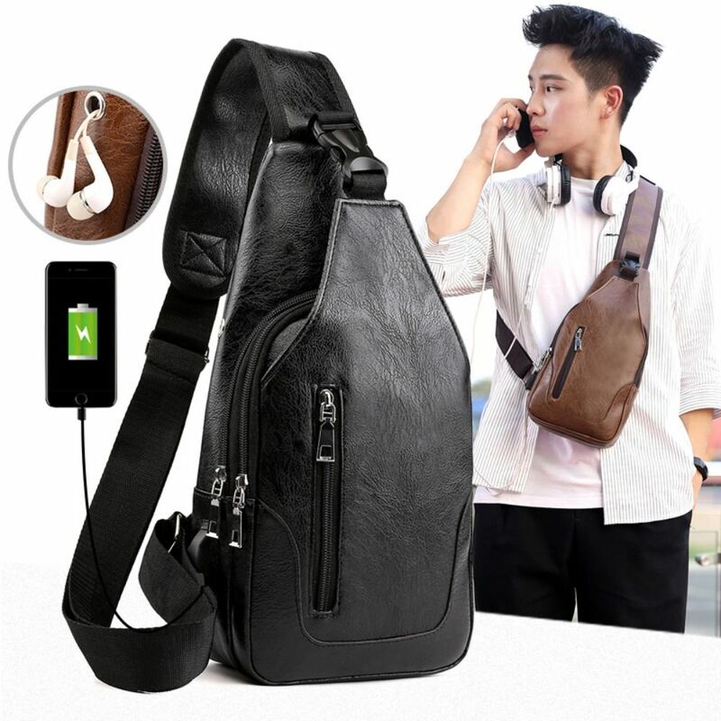 with USB Charging Port Men's Sling Bag Adjustable Strap PU Leather Chest Bag with Headphone Hole Large Capacity Anti-theft