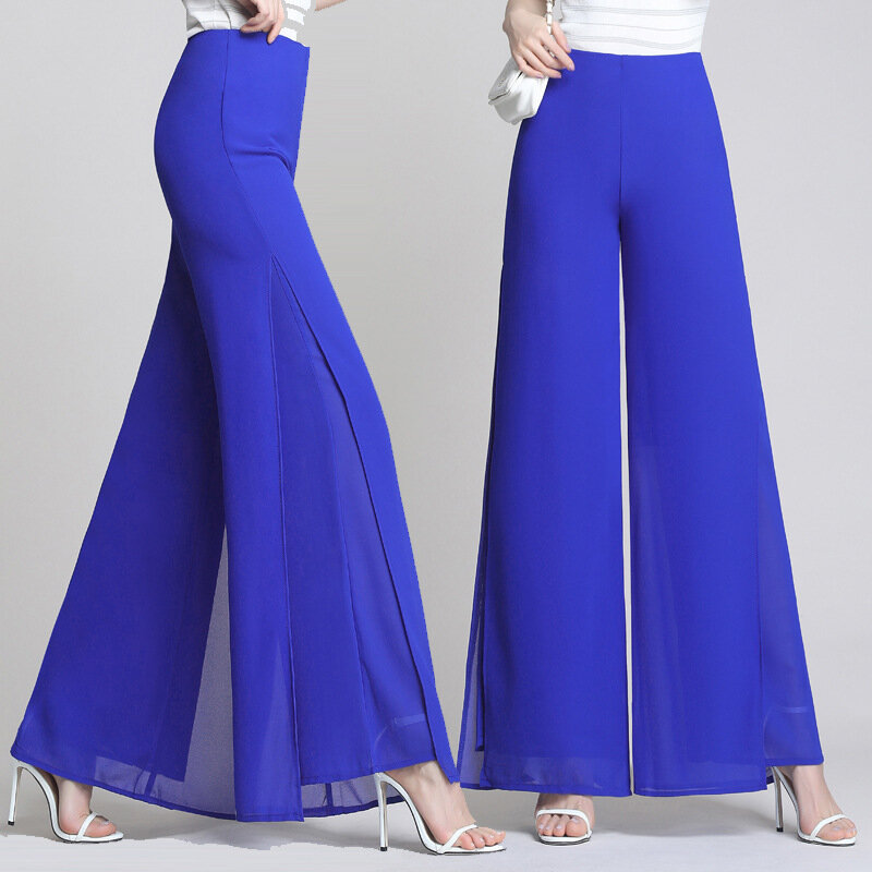 Celana panjang Korea longgar wanita, bawahan sifon kaki lebar Vintage pinggang tinggi Streetwear Kasual Musim Panas 2024