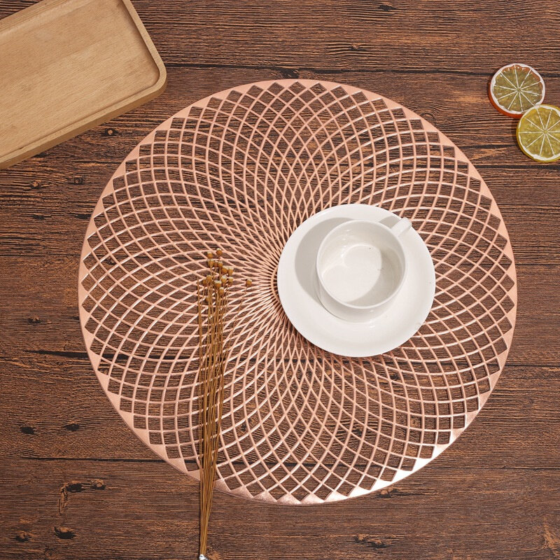 15" Round Creative Grid Dining Table Mat Simplicity Hot Stamping PVC Meal Mats Washable Insulation Pad Anti Scalding Placemats