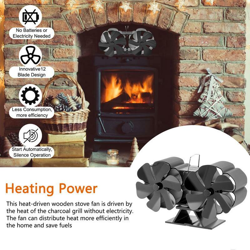 Dual-Head Stove Fan Heat Powered With 12 Blades Black Fireplace Fan Log Wood Burner Eco-fan Wall Mounted Unpowered Operation