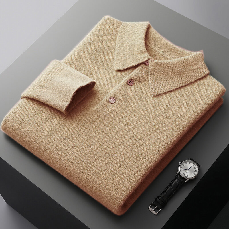 Sweater Pullover kerah Turn-down pria, pakaian rajut wol Merino 100%, Jumper lengan panjang musim semi musim gugur nyaman kasual