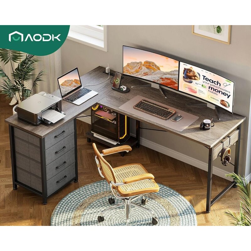 L geformter Schreibtisch mit 4-stufigen Schubladen, 53 "reversibler Spieltisch mit Steckdosen, l-förmiger Computer tisch mit USB-Ladeans chluss