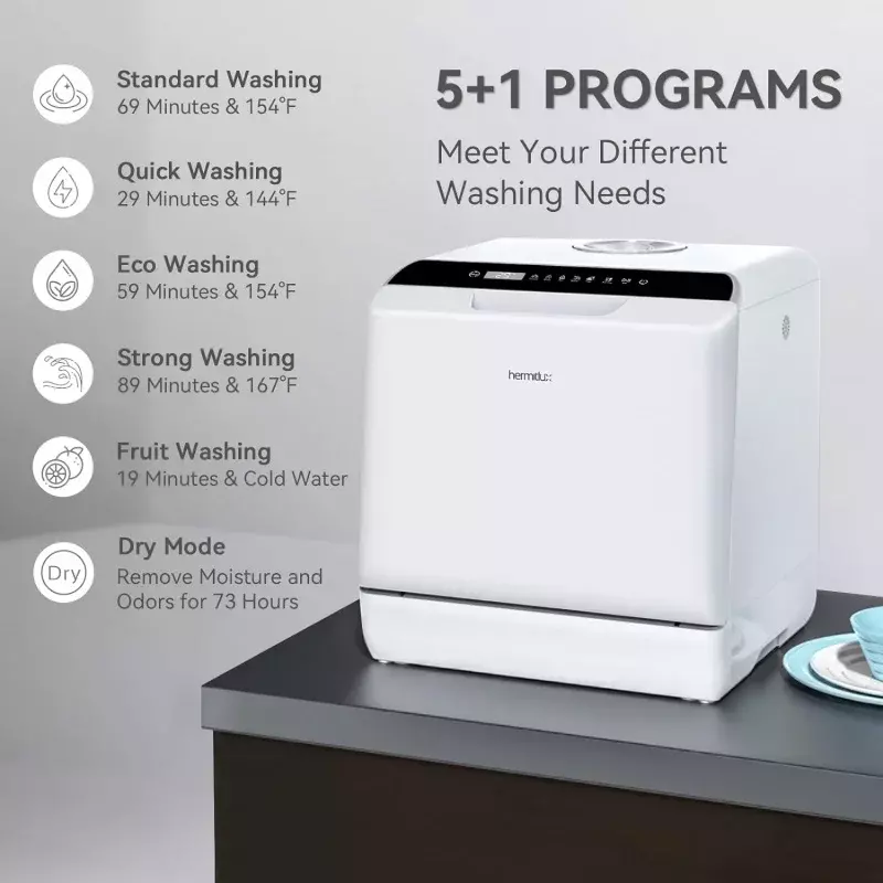 Hermitlux เครื่องล้างจานแบบพกพา5โปรแกรมซักล้างพร้อมถังน้ำขนาด5ลิตรในตัวไม่จำเป็นต้องใช้ตะขอ