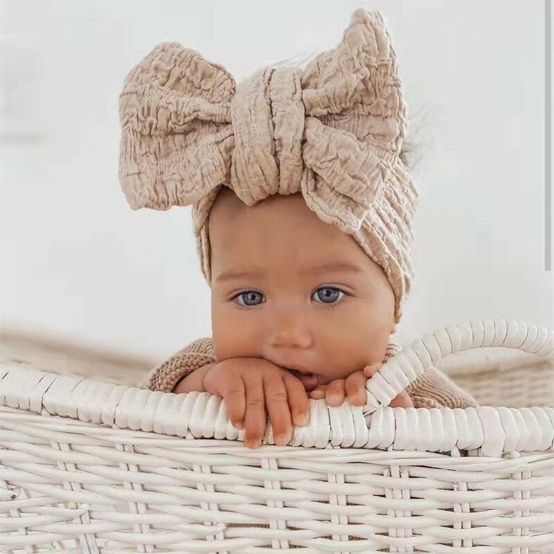 Grote strikken hoofdband voor baby meisjes geplooide stropdas tulband dubbele laag verbanden kinderen elastische haarbanden hoofdtooi pasgeboren geschenken