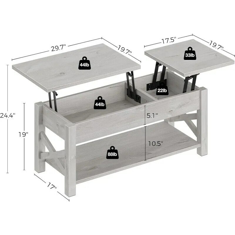 Table basse de ferme avec compartiment GNE, plateau élévateur à 2 voies, étagère ouverte, support en bois, 47.2 po