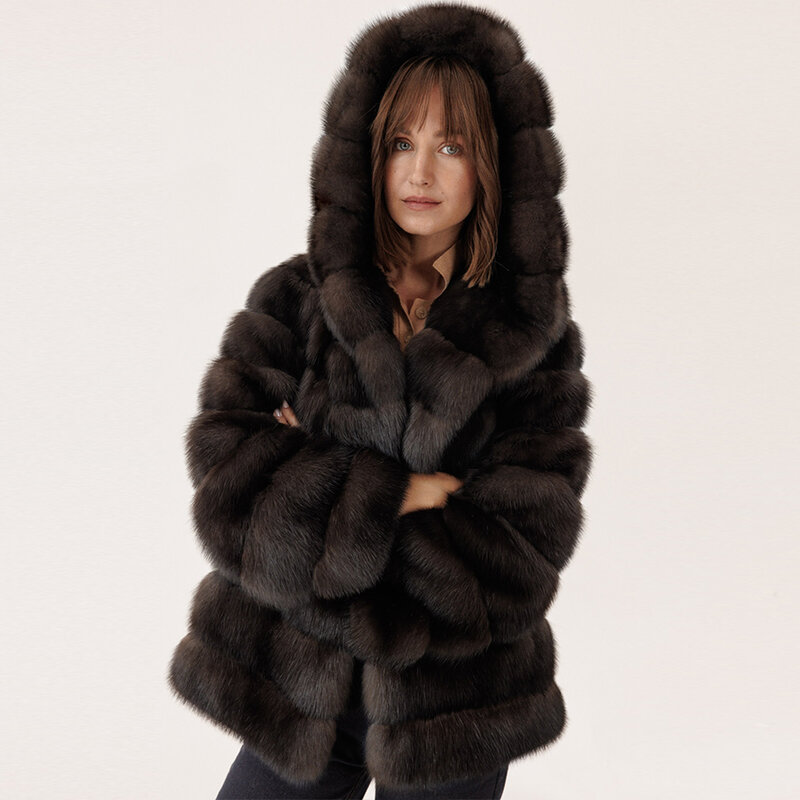 Casaco de pele de raposa real feminino com capuz, casaco de pele natural, casaco quente, inverno, novo