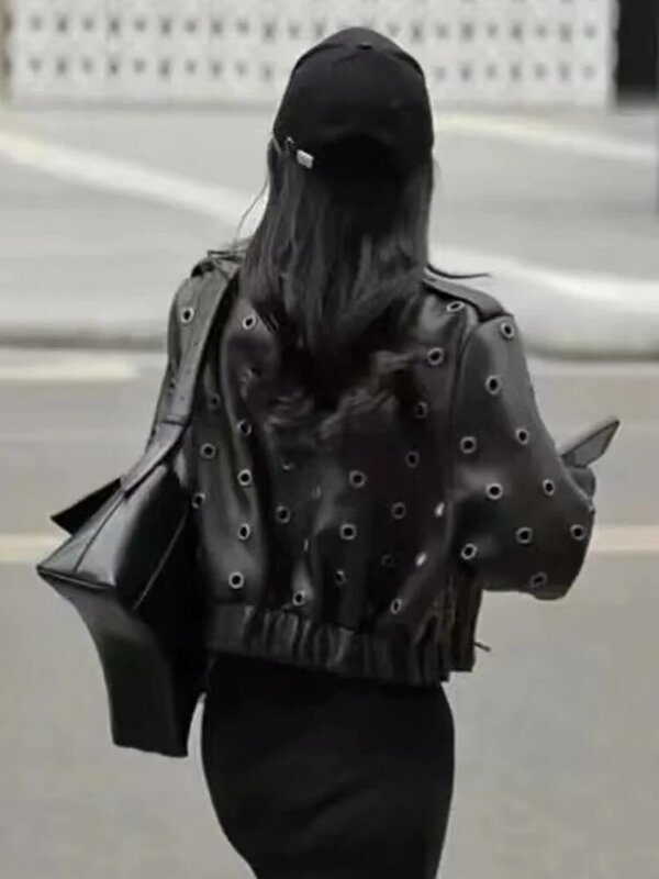 한국 금속 버클 크롭 가죽 재킷, 여성용 블랙 겨울 빈티지 모토 바이커 지퍼 재킷, 여성 패션 하라주쿠 코트