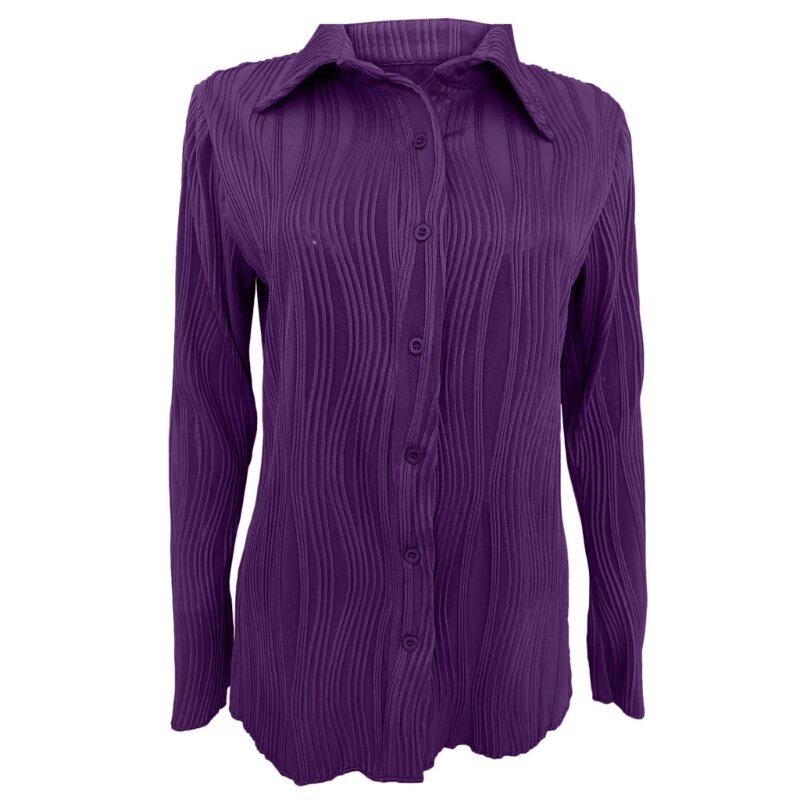 Bluse für Damen, lässig, Button-Down-Langarmhemd, Kragen, schmal geschnittene Tuniken, Tops, modisches Stretch-Plissee-T-Shirt