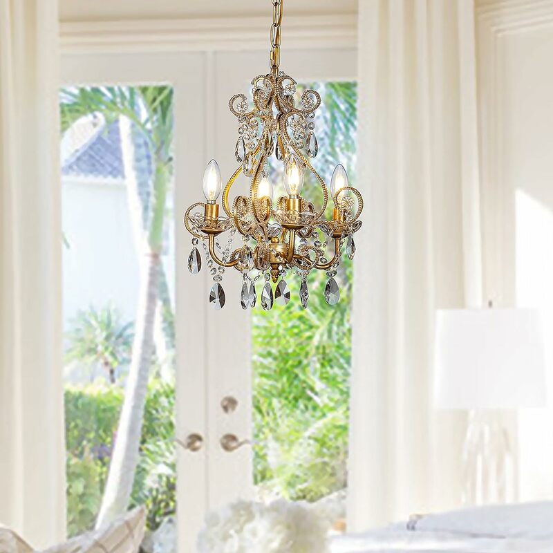 French Country Chandelier Antique Gold Small Crystal Chandeliers for Dining Room Vintage Swag Lamp Candle Gothic Chandelier