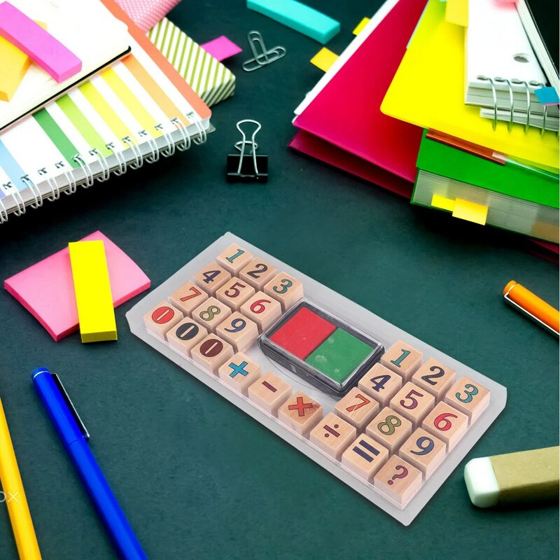 Set cap angka kayu untuk anak-anak dan guru, mainan matematika cap Edicationl mainan stamper anak balita (mainan matematika acak