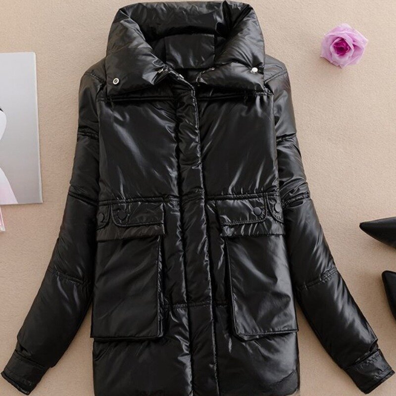 2023 여성용 코튼 코트 겨울 재킷, 짧은 루즈 레저 파카, 광택 아웃웨어, 심플 통근자 따뜻한 오버코트, 신상