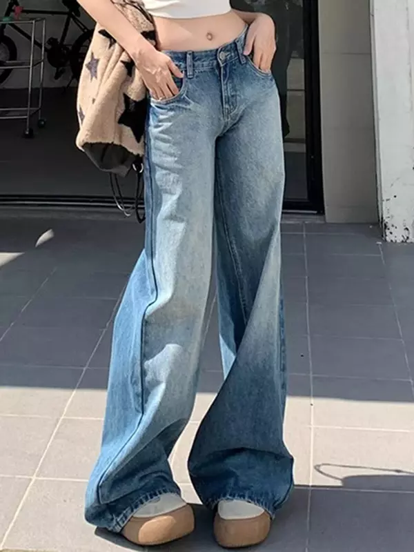 Simple Loose Street Classic Female Wide Leg Pants Spring Vintage Fashion Washed Basic Full Length Casual Straight Women Jeans
